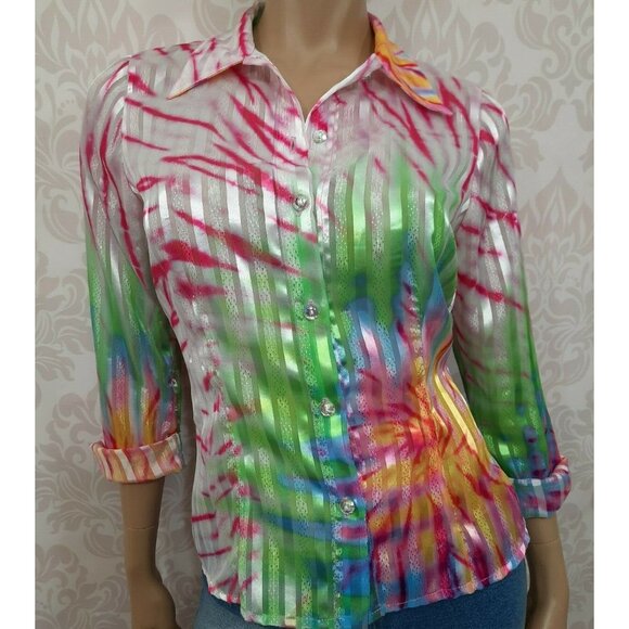 Vintage 90s Tie Dye Print Sheer Shimmery Blouse Size S White Button Front - Picture 2 of 12